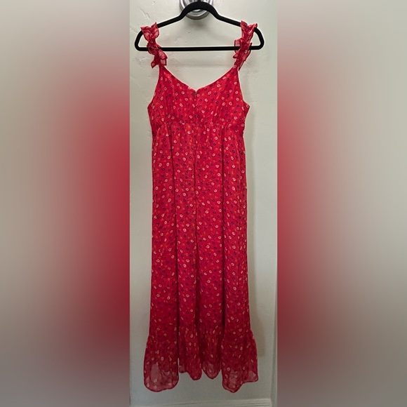 Madewell Red Floral Faux Wrap Dress With Ruffle Straps - Picture 4 of 7